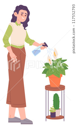 Woman spray water on houseplant. Urban jungle care 117552793