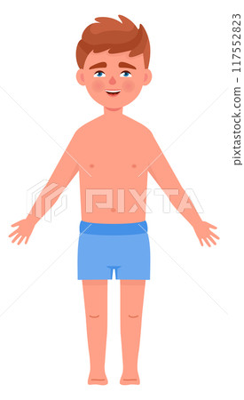Cartoon boy character. Male kid figure front view Cartoon boy character. Male kid figure front view 117552823