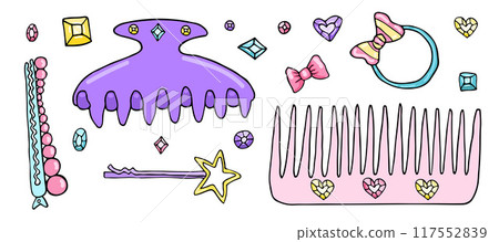 Vector doodle hair accessories, princess girl kawaii sticker collection, ribbon bow and hair clip, cartoon hairbrush salon. 117552839