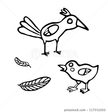 A charming black and white illustration featuring two cartoon birds along with a few feathers. for children's books, educational content, or coloring activities. The larger bird stands tall. 117552850