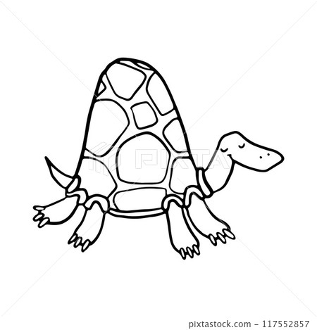 A delightful black and white illustration of a tortoise with a smiling face, walking slowly. Simple design is perfect for educational books, children's activities, or as a fun coloring page for kids 117552857