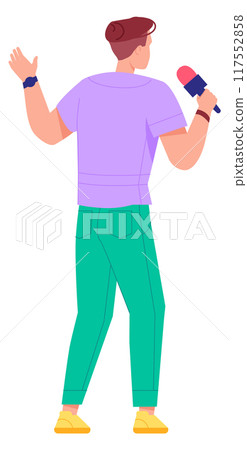 Tv show anchorman back view. Journalist character 117552858