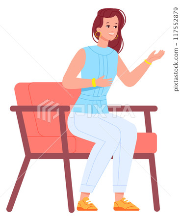 Woman sit and chair and talking. Tv show host 117552879