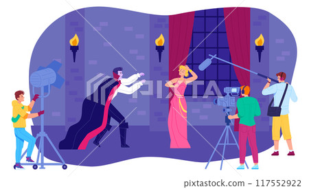 Horror movie scene filming. Cinema production illustration 117552922