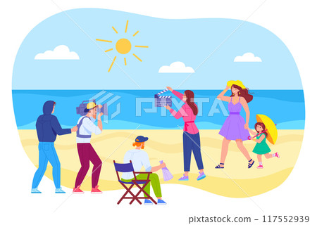 Movie recording on summer beach. Film production scene 117552939