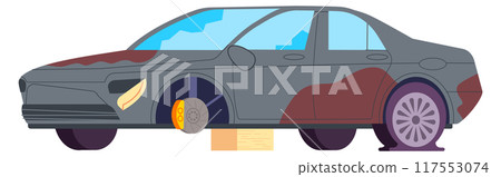 Old dirty damaged car in auto maintenance service Old dirty damaged car in auto maintenance service 117553074