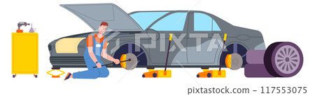 Mechanic repairs car in professional auto service garage Mechanic repairs car in professional auto service garage 117553075