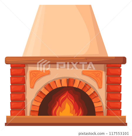 Burning flame in old fireplace. Cartoon stove icon Burning flame in old fireplace. Cartoon stove icon 117553101