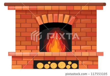 Brick fireplace with burning firewood. Cartoon home fire 117553105