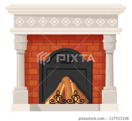 Stone fireplace. Cartoon interior heat stove icon 117553106