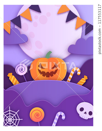 Scary pumpkin halloween card in paper cut style Scary pumpkin halloween card in paper cut style 117553117