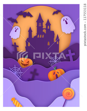 Spooky castle paper cut. Halloween background template Spooky castle paper cut. Halloween background template 117553118