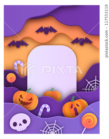 Halloween cemetery scene background in paper cut style 117553119