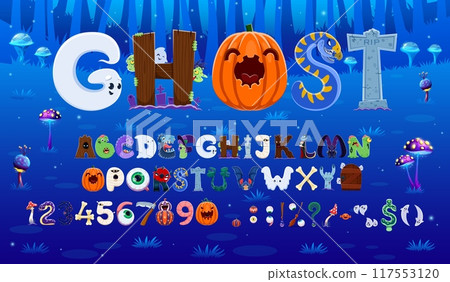 Cartoon Halloween font, scary typeface and funny holiday type, vector English fairytale alphabet. Halloween font with spooky ABC letters with boo characters of pumpkin and ghost, zombie and cemetery 117553120
