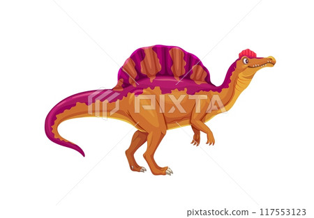 Oxalaia prehistoric dinosaur. Isolated cartoon vector dino reptile animal with prominent sail-like spine, purple and orange skin and crest on its head, stands side profile view. paleontology science Oxalaia prehistoric dinosaur. Isolated cartoon vector dino reptile animal with prominent sail-like spine, purple and orange skin and crest on its head, stands side profile view. paleontology science 117553123
