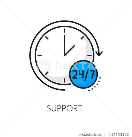 24 7 support color line icon of logistics, delivery, shipping and cargo carriage service. Vector outline clock dial with open hours, 24 7 customer assistance work time symbol of watch with round arrow 24 7 support color line icon of logistics, delivery, shipping and cargo carriage service. Vector outline clock dial with open hours, 24 7 customer assistance work time symbol of watch with round arrow 117553132