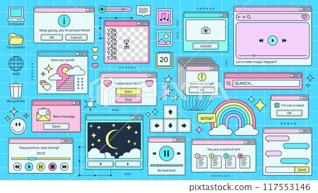 Y2K windows and retro browser pages of PC computer screen, cartoon vector background. Retro 90s Y2K computer interface windows of browser tab, loading or search bar and music player and folder icons 117553146