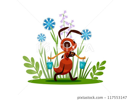 Cartoon ant character carries a water. Cute vector insect, cheerful and lively pest personage carrying two buckets of water hanging on the balance beam at summer meadow with flowers and lush grass Cartoon ant character carries a water. Cute vector insect, cheerful and lively pest personage carrying two buckets of water hanging on the balance beam at summer meadow with flowers and lush grass 117553147