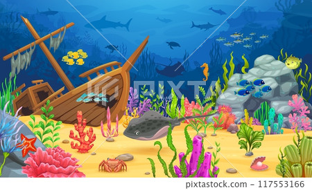 Sea underwater game landscape with sunken ship and stingray. Cartoon ocean under water animals and fish on marine bottom vector background with sharks, corals, crab and seaweed, starfish and seahorse 117553166