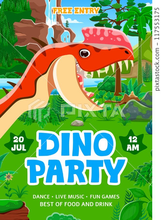 Kids dino party flyer with funny prehistoric dinosaur in jungles. Vector birthday invitation poster with funny Monolophosaurus roar. Vivid banner with cartoon roaring reptile amid a tropical landscape 117553175