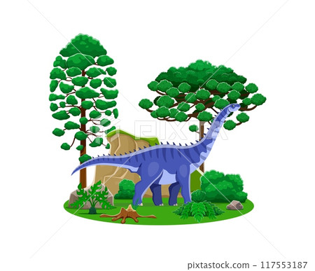 Cartoon dinosaur character or prehistoric lizard Hypselosaurus in Jurassic park, vector funny dino. Prehistoric giant lizard dinosaur of Hypselosaurus species in jungle forest with trees and palms Cartoon dinosaur character or prehistoric lizard Hypselosaurus in Jurassic park, vector funny dino. Prehistoric giant lizard dinosaur of Hypselosaurus species in jungle forest with trees and palms 117553187