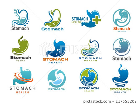 Stomach medical icons. Digestion health care, digestive tract or gastrointestinal system organ vector symbols of gastroenterology medicine. Stomach and gut silhouettes with intestinal gas bubbles 117553202