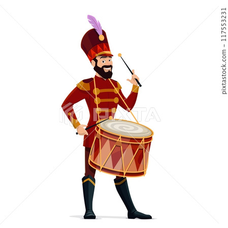Circus drummer character or funfair carnival musician, cartoon vector. Circus orchestra music performer, man drummer in costume with feather hat and drum for kids and circus show cartoon character 117553231