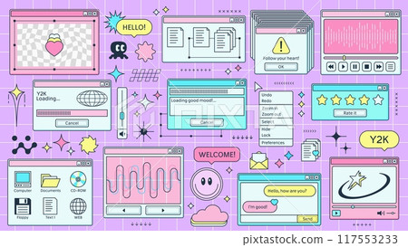 Y2K retro browser windows page of computer interface or PC screen, cartoon vector. Retro 90s Y2K computer display windows of internet browser tabs, loading bar and music player on pink background 117553233