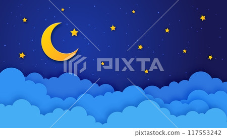 Paper cut crescent moon night sky vector background with cartoon stars and 3d origami clouds. Dreams, space, Ramadan and weather banner of night sky with golden moon, stars and wavy paper cut border Paper cut crescent moon night sky vector background with cartoon stars and 3d origami clouds. Dreams, space, Ramadan and weather banner of night sky with golden moon, stars and wavy paper cut border 117553242