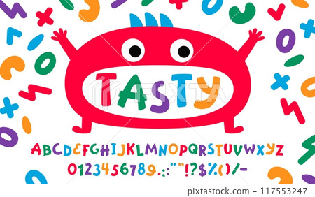 Funny cute font, childish type, game play typeface, children english alphabet of color comic letters and numbers vector typography set. Cartoon cute monster character with funny abc symbols font Funny cute font, childish type, game play typeface, children english alphabet of color comic letters and numbers vector typography set. Cartoon cute monster character with funny abc symbols font 117553247