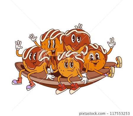 Cartoon retro groovy Japanese Takoyaki characters of Asian food, vector funky art. Groovy funny happy Takoyaki balls snack on plate with smiling faces and yummy thumb up gesture for Japanese cuisine Cartoon retro groovy Japanese Takoyaki characters of Asian food, vector funky art. Groovy funny happy Takoyaki balls snack on plate with smiling faces and yummy thumb up gesture for Japanese cuisine 117553253