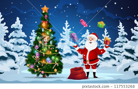Santa juggles with gift boxes at Christmas tree on winter holiday, cartoon vector. Funny Santa juggling with gifts from bag in snowy forest with decorated Xmas tree for New Year greeting background 117553268