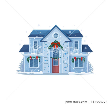 Christmas winter house facade exterior with Xmas holiday garlands and lights. Vector two storey building of town or village street with snow and trees, Christmas decorations, balls and ribbons 117553278