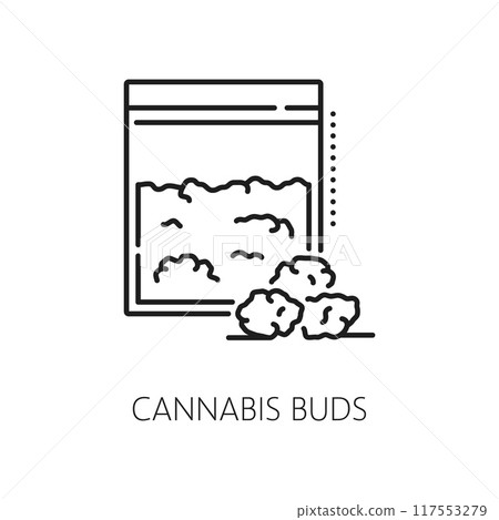 Cannabis buds line icon of medical marijuana or CBD weed extract, vector symbol. Medical cannabis sativa or marijuana buds for smoking for health and mental relaxation or depression treatment 117553279