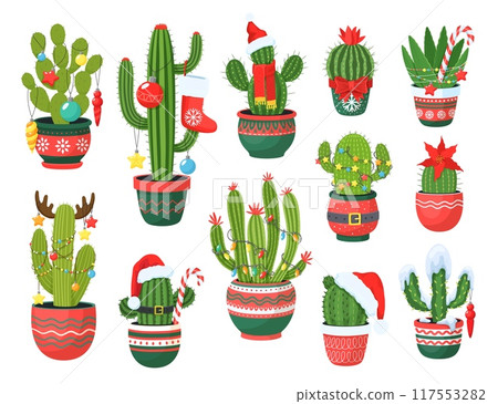 Isolated Christmas prickly mexican cactus succulents, vector Xmas holiday dessert plants. Cartoon saguaro cacti in flowerpots with cute red hats, Xmas lights and ornaments, snow, flowers and candies Isolated Christmas prickly mexican cactus succulents, vector Xmas holiday dessert plants. Cartoon saguaro cacti in flowerpots with cute red hats, Xmas lights and ornaments, snow, flowers and candies 117553282