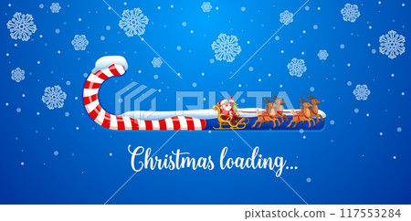 Christmas loading bar of candy cane and Santa on reindeer sleigh, vector background. Winter holiday countdown loading bar with stripes of candy cane with Santa sleigh, snowflakes and Christmas snow Christmas loading bar of candy cane and Santa on reindeer sleigh, vector background. Winter holiday countdown loading bar with stripes of candy cane with Santa sleigh, snowflakes and Christmas snow 117553284