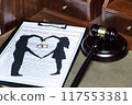 A clipboard holding a prenuptial agreement with a cut-out silhouette of a couple and wedding rings, next to a judge's gavel. 117553381