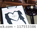 A clipboard holding a prenuptial agreement with a cut-out silhouette of a couple and wedding rings, next to a judge's gavel. 117553386