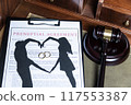 A clipboard holding a prenuptial agreement with a cut-out silhouette of a couple and wedding rings, next to a judge's gavel. 117553387