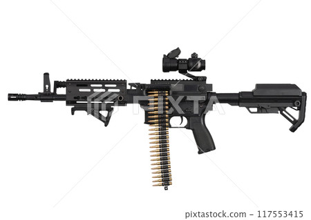 Carbine with belt-fed upper receiver that convert AR-15 or M16 from a standard, magazine rifle to light machine gun. Isolated on a white background 117553415