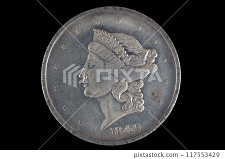 Old west period 1849 year US silver dollar coin Old west period 1849 year US silver dollar coin 117553429