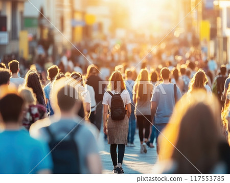 Crowded city street with people walking in sunlight 117553785