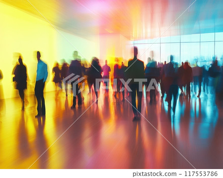 Blurred crowd in brightly lit modern gallery setting Blurred crowd in brightly lit modern gallery setting 117553786