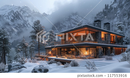 A modern alpine cabin nestled in a snowy mountain valley with a blazing fireplace. 117553916