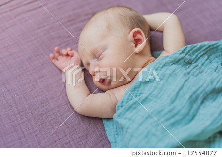 The baby is sleeping peacefully in his cozy nest. Newborn photo session captures the serene innocence and warmth of early moments The baby is sleeping peacefully in his cozy nest. Newborn photo session captures the serene innocence and warmth of early moments 117554077