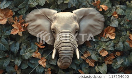 An elephant head is shown in a large leafy background, AI 117554090