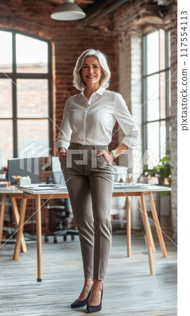 A woman standing in an office with her hands on the desk, AI 117554113