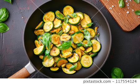 A pan filled with zucchini and basil leaves on a table, AI A pan filled with zucchini and basil leaves on a table, AI 117554124