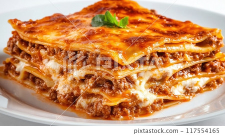A close up of a plate with lasagna on it, AI 117554165