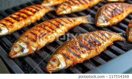 A grill with a bunch of fish on it cooking, AI 117554169
